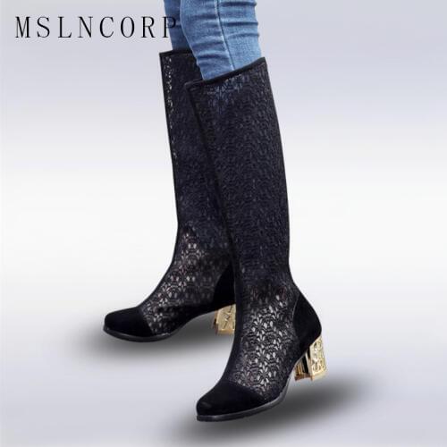 Size 34-43 New Fashion Thigh High Heel Gladiator Sandals Boots Women Sexy Netted Cut-out Over Knee Zipper Lace Cool Boots Sandal