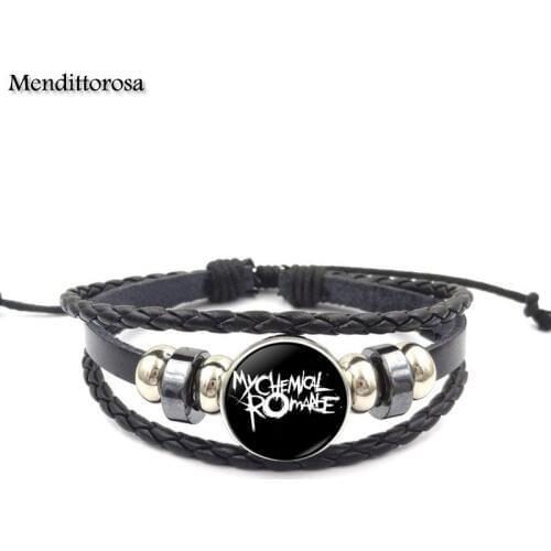 Mendittorosa Letter of My Chemical Romance Brand Jewelry Black Leather Bracelet Bangle Glass Dome For Child