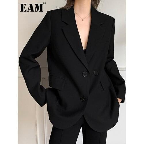 [EAM] Women Elegant Black Blazer New Notched Collar Long Sleeve Loose Fit Jacket Fashion Tide Spring Autumn 2021 1DD5283