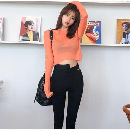 Orange Long Sleeve Womens T-shirt Harajuku Sexy Short T-Shirts Crop Top Korean Fashion Clothes Woman Summer Pullove Tops Autumn