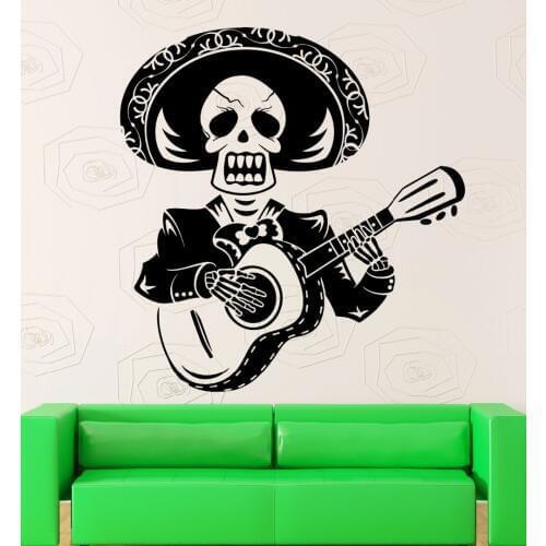 Art Design Creative Skull Man Play The Guitar Wall Sticker Mexico Mariachi With Sombrero Vinyl Wall Mural Home Special DecorM-64