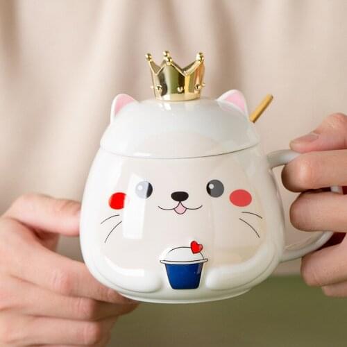 480ml Crown Cat Mug Large Capacity Porcelain Cup with Handle and Lid for Couples Large Capacity Cute Cat Milk Coffee Cup