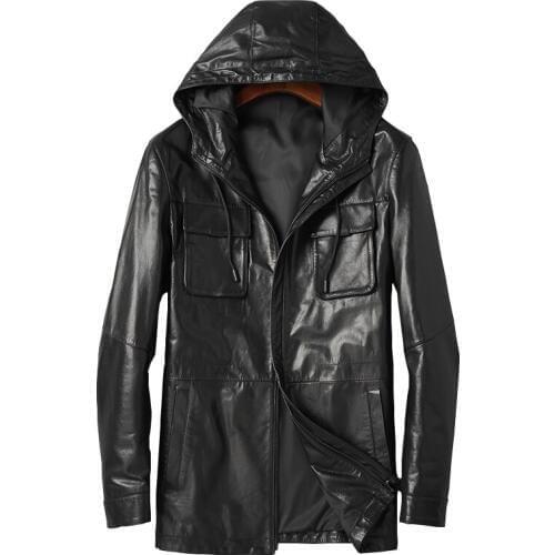 DK Men Casual Genuine Leather Jacket Spring Hooded Leather Medium Long Clothing Autumn Real Sheepskin Leather Outwear Clothes