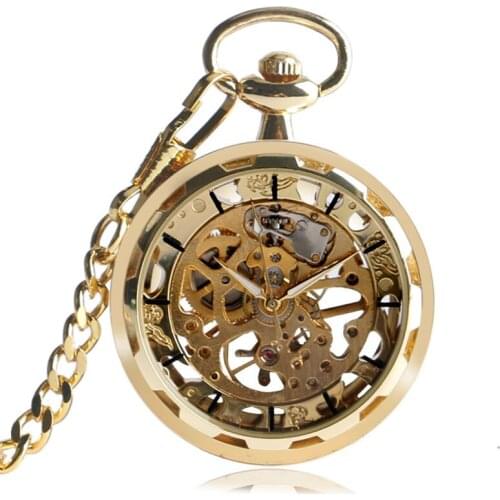 Bronze Hand Wind Mechanical Pocket Watch Gold Transparent Skeleton Fob Chain Antique Clock Luminous Hands Gift for Men Women