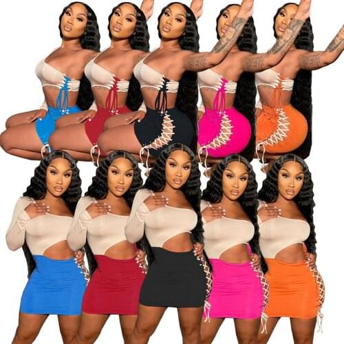 RStylish Summer 2021 Women Outfit Fashion Patchwork One Shoulder Long Sleeve Hollow Out Bandage Bodycon Mini Dresses