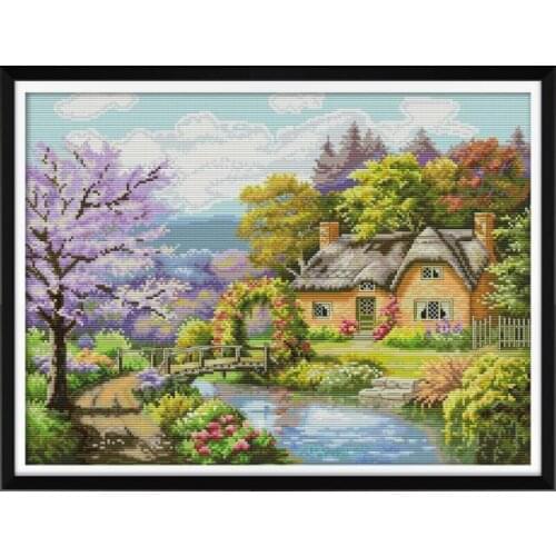 Joy Sunday DIY Cross Stitch Kit Beautiful country cottage pattern Printed Suitable for living room Chinese embroidery needlework