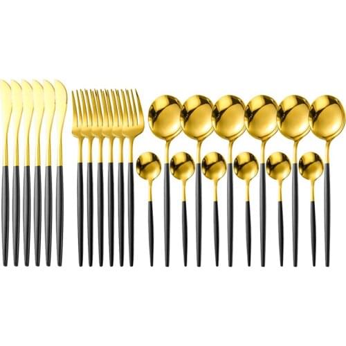 24pcs Cutlery Stainless Steel Tableware Set Black Gold Coffee Spoon Set Fork Knife Western Silverware Dinnerware Set Supplies
