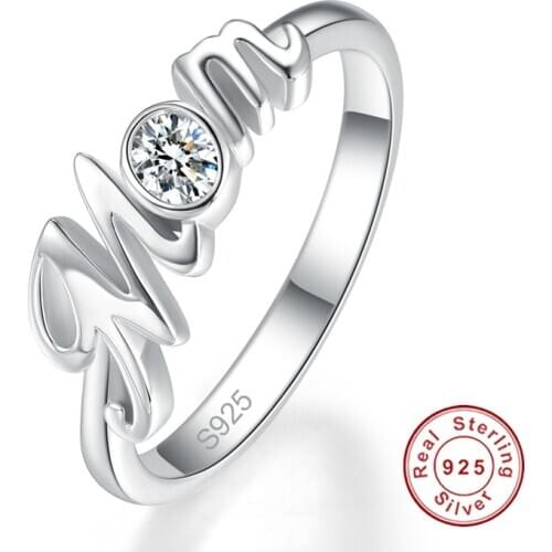 New 100% Pure 925 Sterling Silver Bijoux Anel Female Ring White Gemstone Letter MOM Ring Fine Jewelry Mothers Day Gift