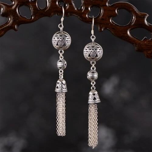 Real 925 Sterling Silver Classic National Style With Retro Tassel And Hollow Pattern Earrings Fine Charm Jewelry for Women