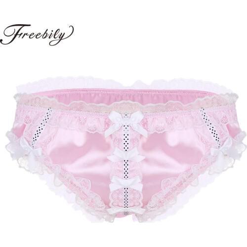 Sexy Sissy Gay Mens Lingerie Panties Shiny Ruffled Floral Lace Satin and Cute Bowknot Bikini Briefs Male Underwear Underpants