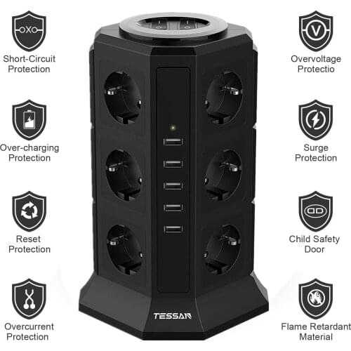 TESSAN Vertical Tower Power Strip Overload Protection 12 Ways EU Outlets 2 USB Ports Extension Socket EU Plug 2M Extension Cord