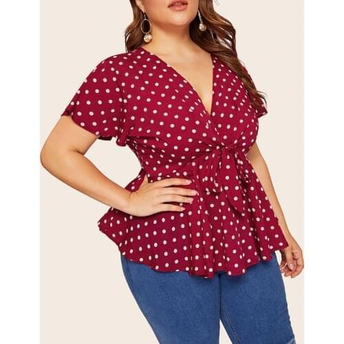 Chiffon Blouse Womens Plus Size V Neck Short Sleeve Shirt Polka Dot Knot Front Oversize Long Sleeve Top Блузка Женская 2020