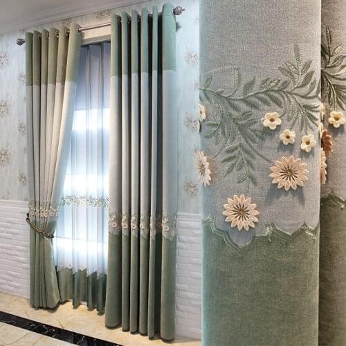 Chenille Embossed Embroidered Green Pastoral Stitching Curtains Living Room Bedroom French Window Curtains