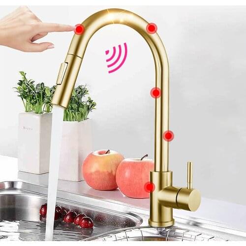 Brush Gold Faucet Kitchen Smart Touch Sensor Tap Sink Hot Cold Mixer Grifo Flexible Pull Down Intelligent Faucets 360 Rotation