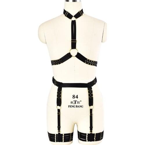 JLX.HARNESS Sexy Lingerie Gold O-Ring Body Harness Set Cage Black Crop Tops Cage Bra Gothic Bondage Harness Belt Halloween Rave