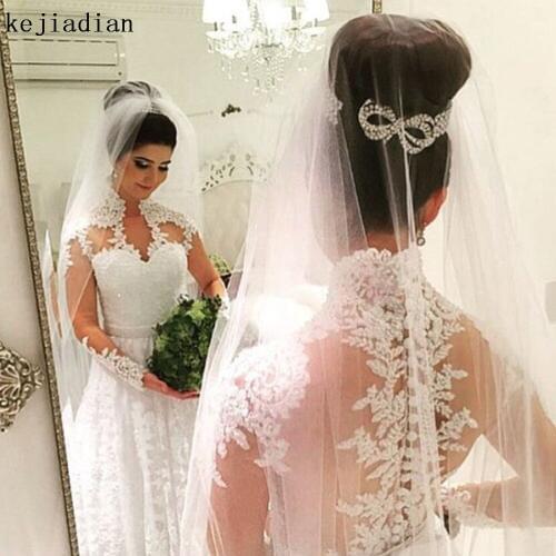 Robe De Mariage 2021 Arabic Hot Sale High Neck Bridal Gown Custom Made Long Sleeve Lace Wedding Dress Abiti Da Sposa