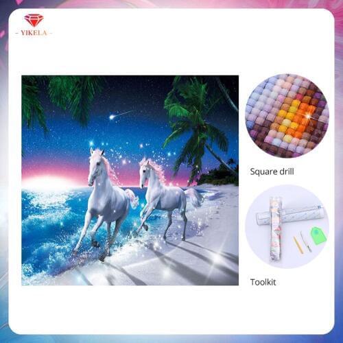 YIKELA 5D Wall Sticker Seaside White Horses Diamond Painting Needlework Cross Stitch Pattern Mosaic Diamond Embroidery Painting