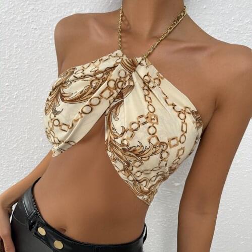 Women Chain Halter Crop Tops Vintage Printed Sleeveless Tie Back Irregular Hem Camisole