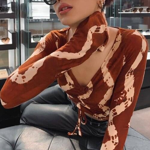 2000s Aesthetic Grunge Printed V Neck Cropped Tshirt Women Brown Y2K Ruched Long Sleeve T-shirt Ladies Fashion Autumn