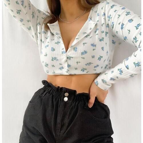 Women T-shirt Spring Autumn Clothes Floral Print Single-breasted Long Sleeve O Neck shirt Top Sexy Slim Blue Red Tops Plus Size