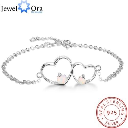 925 Sterling Silver White Opal Bracelets for Women Double Heart Bracelets & Bangles Silver 925 Fine Jewelry (JewelOra BA102111)