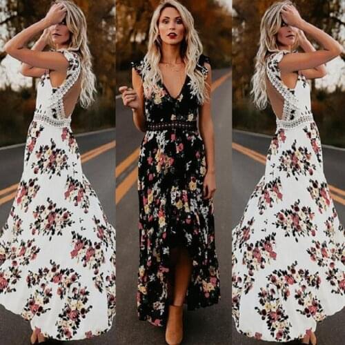 Women Boho Backless Irregular Floral Printed Dress 2021 Summer Deep V Trim Long Lace Maxi Dresses Open Back Party Vestidos