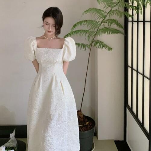 New 2021 Summer Square Collar Puff Sleeve Solid Folds Women Vintage Elegant Office Party Split A Line Casual Midi Dress