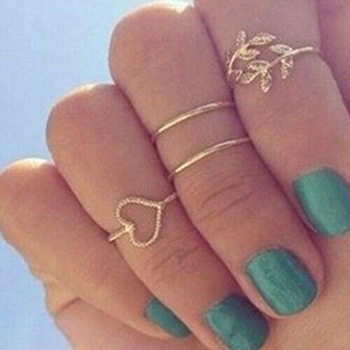 4Pcs/Set Rhinestone Leaf Heart Above Knuckle Midi Stack Ring Boho Party Jewelry