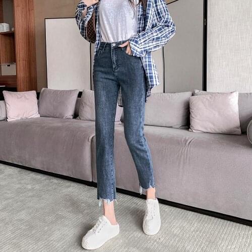 Spot Chinese new womens trousers personality high waist wool edge nine points straight jeans pants