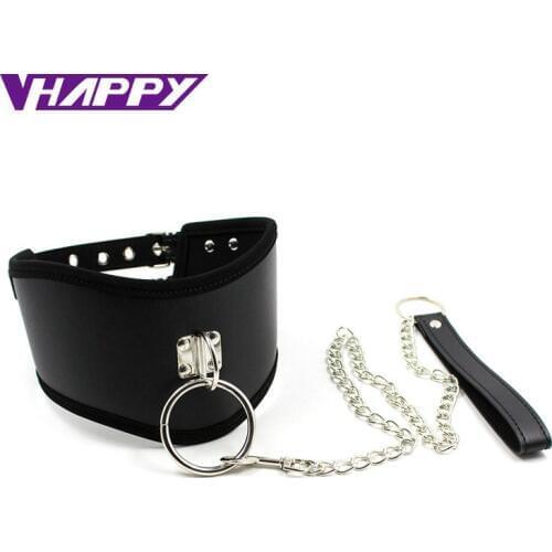Include Drag Chain Sexy Black PU Leather Necklace Erotic Chastity Neck Collar Fetish Choker Bondage Adult Games VP-CR003007A