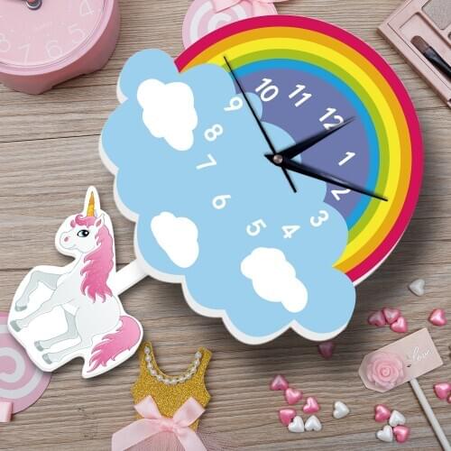 Lovely Cartoon Rainbow Unicorn Swing Wall Clock Wall Stickers Decorative Creative pendulum Animal Clock For Children Kids Gifts