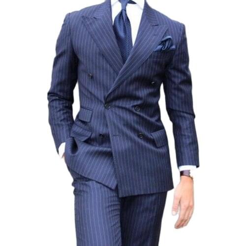 Double-Breasted Navy Stripe Mens Evening Dress Toast Suit Prom Party Clothing Handsome Groom Tuxedos (Jacket+Pants+Tie) W:509
