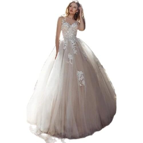 Elegant A Line Long Lace Wedding Dresses Boho Sheer Buttons Back Tulle Sweep Train Bridal Gowns Robe De Mariée 2020