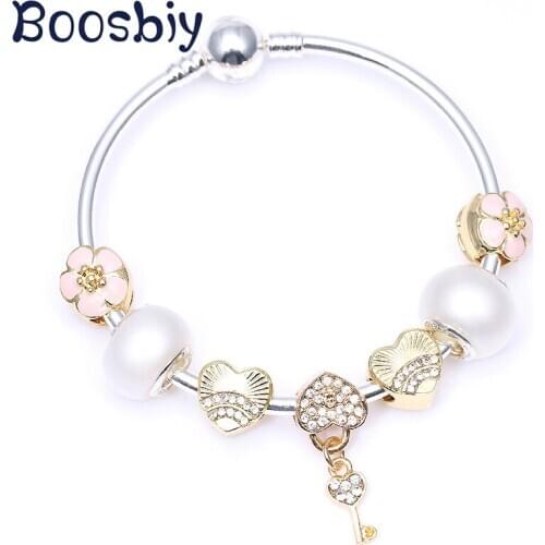 European Style Charm Bracelet With Crystal Love Key Pendants DIY Fashion Brand Charm Bracelet For Women Valentines Day Gift