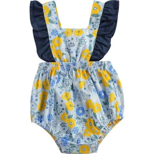Newborn Color Block Romper, Baby Girls Tie Up Floral Print Fly Sleeve Square Collar Playsuit