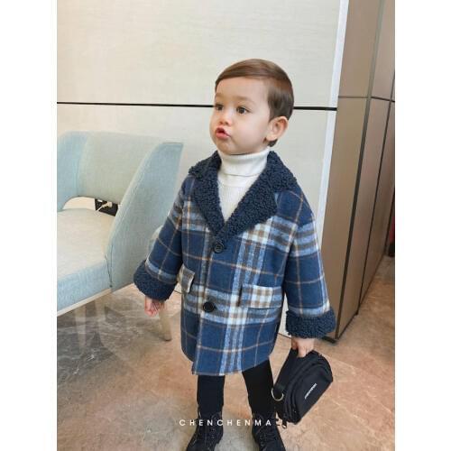 Kids Jackets Autumn Winter New Arrival High Quality Plaid Long Woolen Coats for Boys Warm Thicken Lambswool Toddler Boys Clothes