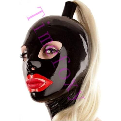 Latex Hood Mask with Red Mouth and Eyes Nose Open with Zipper with Ponytail without Hair Latex Mask