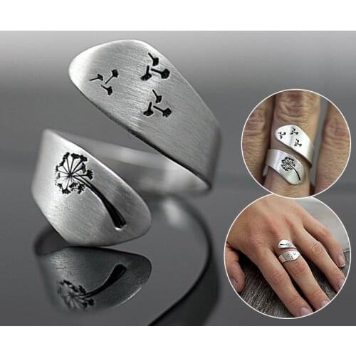 Fashion Minimalist Engraving Dandelion Rings Silvery Adjustable Women Men Personality Opening Finger Rings Party Wedding Jewelry