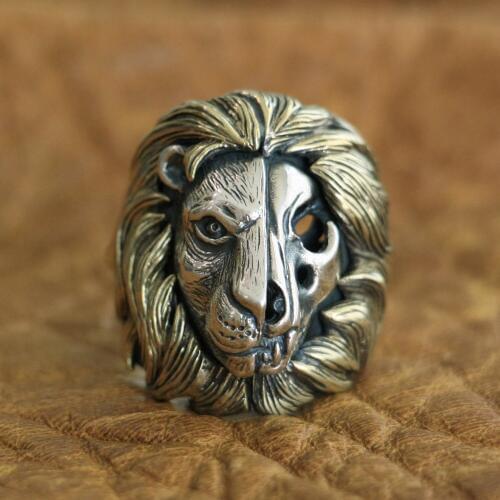 LINSION Brass Mane 925 Sterling Silver Skull Lion Ring Mens Biker Punk Ring TA115 US Size 7~15