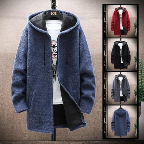 Mid-length trench jacket mens fall/winter hooded jumper solid color zipper cardigan fleece thick warm sweater