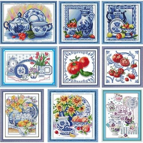 Blue and White Porcelain Embroidery Cross Stitch Kit Stamped Patterns 11CT 14CT Counted Printed Craft Sewing Decoration Gift Set