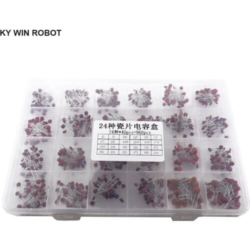 960Pcs/lot Ceramic capacitor Assortment Kit 2PF-0.1UF 50V Ceramic capacitors set 24value*40pcs diy Electronic capacitors 20