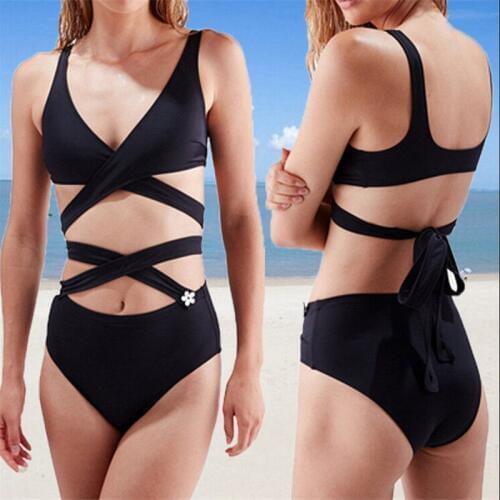 Solid Black Push up Swimsuit Women Bandage One Pieces Bathing Suit Push Up Padded Halter Bikini Retro Beachwear Swimwear