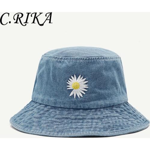 INS Korean GD Embroidery Daisy Bucket Hat For Women Summer Sun Caps Fashion Washed Denim Panama Fisherman Hat Wholesale