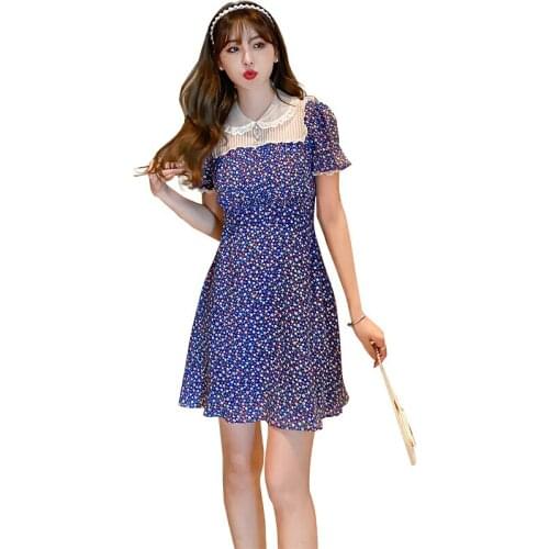 Print Flower Casual Dresses for Women Summer Peter Pan Collar Puff Sleeve Mini Blue Dress Ladies Lace Patchwork A Line Sundress