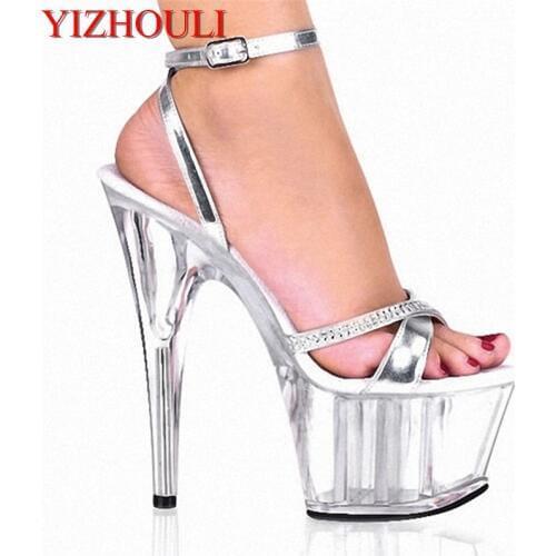 Transparent Crystal Noble Rhinestone Princess Dinner Formal Dress 15cm High-Heeled Shoes 6 Inch Silver Sexy All-Match Sandals