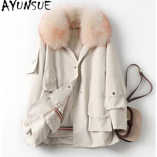 AYUNSUE Warm Winter Real Rex Rabbit Fur Liner Parkas 2021 Autumn Casual Raccoon Fur Collar Coat Female Jaqueta Feminina Gxy560