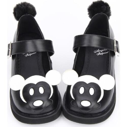 Girls Black and White Leather Lovely Mickey Round Tie Platform Mary Jane Sweet Lolita Shoes 8517
