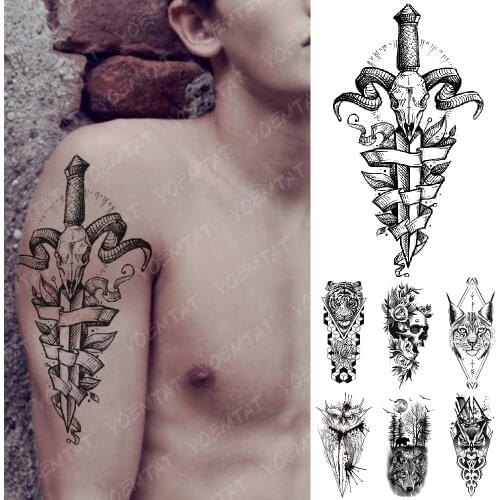 Waterproof Temporary Tattoo Sticker Goat sword Skull Flash Tattoos Lucifer Owl Wolf Demon Body Art Arm Fake Tatoo Women Men