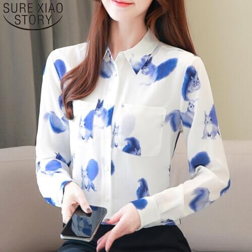 Womens Clothing 2021 Chiffon Blouse Shirts For Women Tops Office Long Sleeve Top Printing Button V-Neck Blusas Plus Size 7376 50